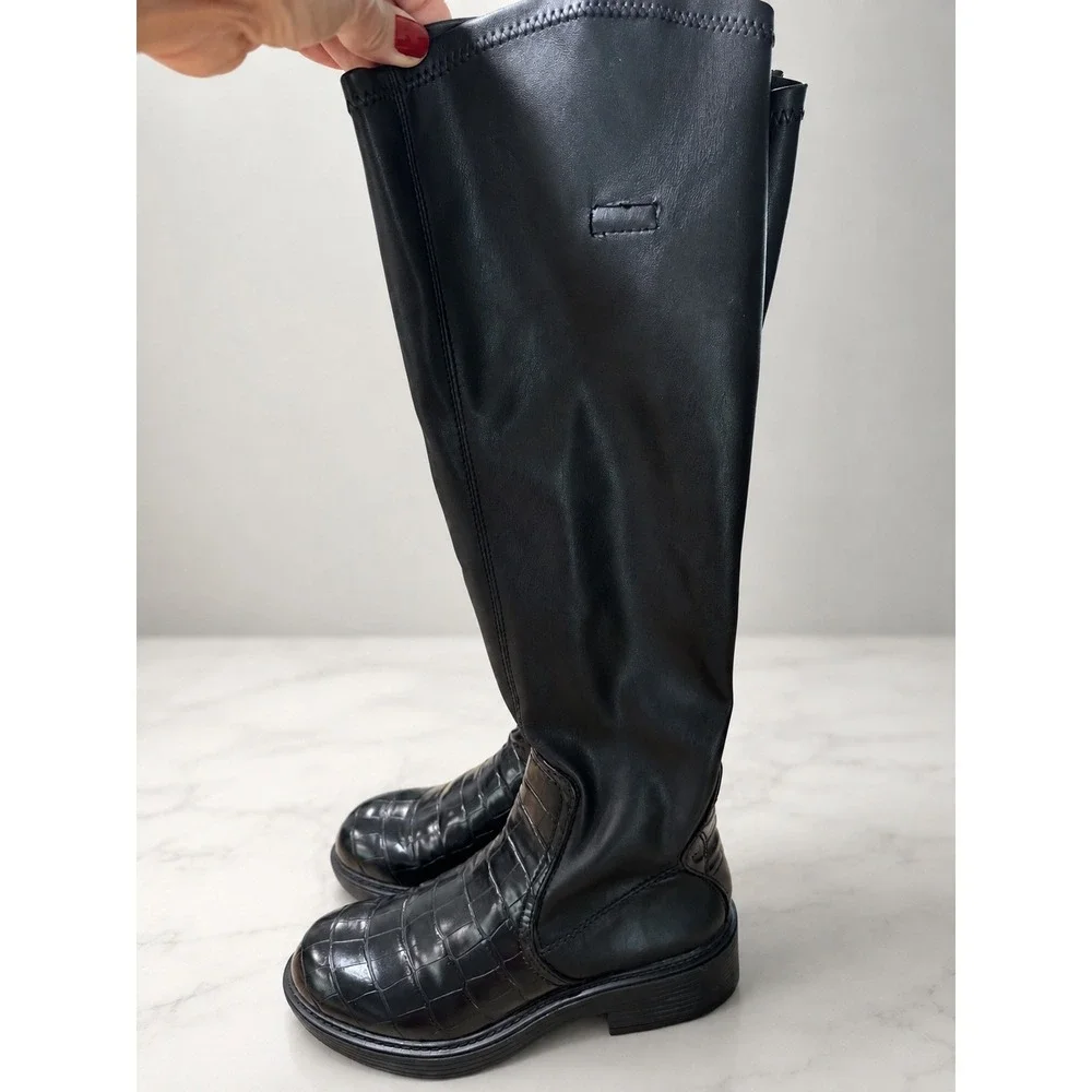 Franco Sarto Keaton Black Croc Embossed Knee High Moto Riding Boots Size 7